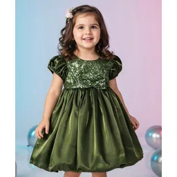 Babyhug Woven Half Sleeves Party Dress With Sequinned Yoke & Bow Applique - Dark Green-picture-16