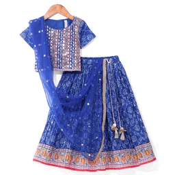 Babyhug Woven Half Sleeves Sequin Embroidered Bandhani Printed Choli & Crushed Lehenga Set with Dupatta & Tassle Detailing - Royal Blue-picture-21