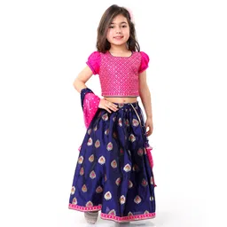 Babyhug Woven Half Sleeves Sequined Embroidered Choli Lehenga Set with Dupatta  - Navy Blue & Pink-picture-12