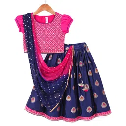 Babyhug Woven Half Sleeves Sequined Embroidered Choli Lehenga Set with Dupatta  - Navy Blue & Pink image 5