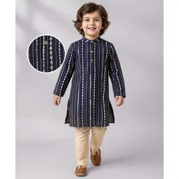 Babyhug Woven Mandarin Collar Full Sleeves Kurta Pyjama Set With Sequin Detailing - Navy Blue-picture-11