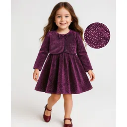 Babyhug Woven Shimmered Party Dress & Full Sleeves Shrug With Bow Applique - Wine-picture-20