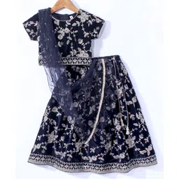 Babyhug Woven Short Sleeves Choli Lehenga & Dupatta Set with Floral Embroidery - Navy Blue-picture-28