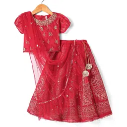 Babyhug Woven Short Sleeves Floral Embroidered & Foil Printed Choli Lehenga with Dupatta- Red-picture-26