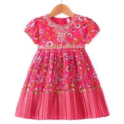 Babyhug Woven Short Sleeves Floral Printed & Embroidered Pleated Ethnic Dress - Dark Pink-picture-16