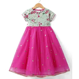 Babyhug Woven Short Sleeves Net Sequenced Ethnic Dress With Floral Embroidery - Fuchsia-picture-22