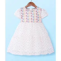 Babyhug Woven Short Sleeves Net Sequin Embroidered Ethnic Dress - White-picture-14