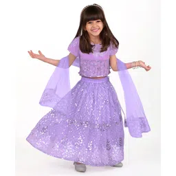 Babyhug Woven Short Sleeves  Net Sequins Embroidered Choli  Lehenga and Dupatta Set-   Lavender-picture-30