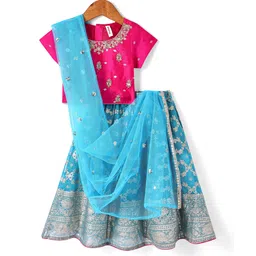 Babyhug Woven Short Sleeves Sequined Embroidered & Foil Floral Printed Choli Lehenga Set with Dupatta & Lace Detailing - Light Blue-picture-35