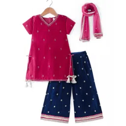 Babyhug Woven  Short Sleeves Velvet Sequinned Embroidered Kurti Palazzo & Dupatta Set with Tassle Detailing - Hot Pink-picture-24