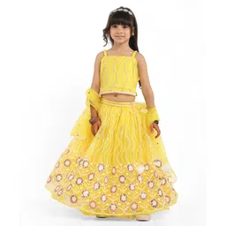 Babyhug Woven Sleeveless Choli And Lehenga Set With Dupatta And Floral Embroidery Sequins Work - Yellow-image-12