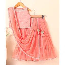 Babyhug Woven Sleeveless Choli & Lehenga Set With Dupatta Ethnic Embroidered - Peach-image-48