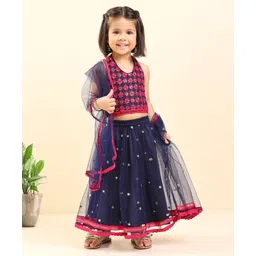 Babyhug Woven Sleeveless Choli & Lehnga with Dupatta Floral Embroidered - Navy-image-47