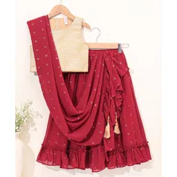 Babyhug Woven Sleeveless Choli With Embroidered Lehenga & Dupatta - Red-image-44