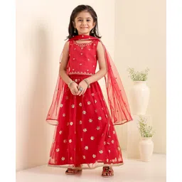 Babyhug Woven Sleeveless Choli With Lehenga & Dupatta Floral Embroidered - Red-image-46