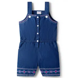 Babyhug Woven Sleeveless Denim Jumpsuit With Floral Embroidery - Navy Blue-picture-12
