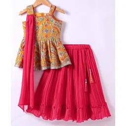 Babyhug Woven Sleeveless Embroidered Choli & Flared Lehenga with Dupatta - Red & Orange-image-20