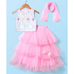 Babyhug Woven Sleeveless Embroidered Choli & Layered Lehenga with Dupatta & Sequin Detailing - Pink-image-17