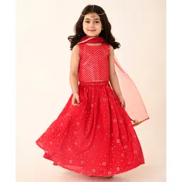 Babyhug Woven Sleeveless Embroidered Choli Lehenga & Dupatta Set- Red-image-16