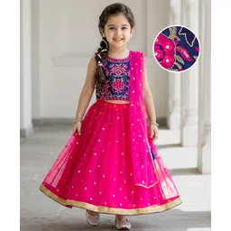 Babyhug Woven Sleeveless Embroidered Choli Lehenga Set with Dupatta - Dark Pink & Blue-image-19