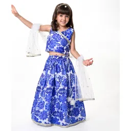 Babyhug Woven Sleeveless Embroidered Choli Lehenga Set with Dupatta Floral Print - Navy Blue-image-18