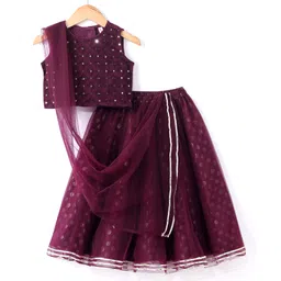 Babyhug Woven Sleeveless Embroidered Choli With Brocade Lehenga and Dupatta Set - Wine-image-1