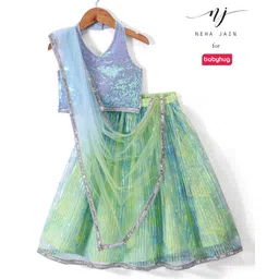 Babyhug Woven Sleeveless Embroidered Choli with Lehenga & Dupatta Sequince Detailing - Aqua Green-image-21