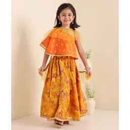 Babyhug Woven Sleeveless Embroidery Choli With Floral Printed Lehenga And Dupatta - Orange-image-9