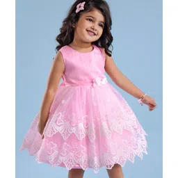Babyhug Woven Sleeveless  Fit & Flare Lace Party Frock With Floral Corsage  - Pink-picture-15