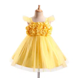 Babyhug Woven Sleeveless Fit and Flare Ruffle Party Dress with Floral Corsage - Yellow-picture-13