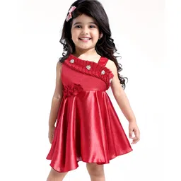 Babyhug Woven Sleeveless Fit & FlaredParty Frock with Floral Applique& Pearl Detailing - Red-picture-27