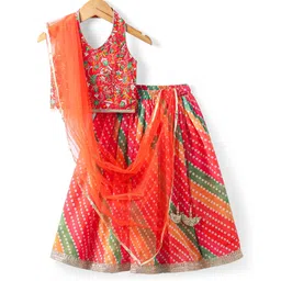 Babyhug Woven Sleeveless Floral Embroidered Choli Lehenga & Dupatta Set with Bandhani Print & Tassle Detailing - Red-image-27