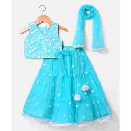 Babyhug Woven Sleeveless Floral Embroidered Choli Lehenga & Dupatta Set with Sequin & Tassel Detailing - Turquoise-image-33