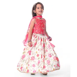 Babyhug Woven Sleeveless Floral Embroidered Choli Lehenga with Dupatta - Off White-image-32