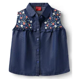 Babyhug Woven Sleeveless Floral Embroidered Denim Top - Navy Blue-picture-23