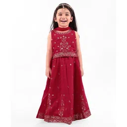 Babyhug Woven Sleeveless Floral Embroidered Kalli Lehenga Choli & Dupatta Set- Red-image-38
