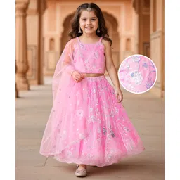 Babyhug Woven Sleeveless Floral Sequenced Embroidered Choli Lehenga Set With Dupatta - Pink-image-35