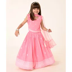 Babyhug Woven Sleeveless Georgett Sequined Embroidered  Choli Lehenga Set with Dupatta  & Frill Detailing - Pink-image-34