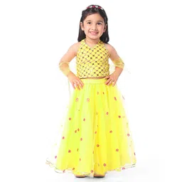 Babyhug Woven Sleeveless Halter Neck Choli Lehenga and Dupatta Set with Sequines & Floral Embroidery - Yellow-image-14