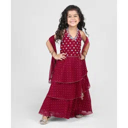 Babyhug Woven Sleeveless Halterneck Embroidered Choli With Foil Print Layered Lehenga & Dupatta Set - Hot Pink-image-24