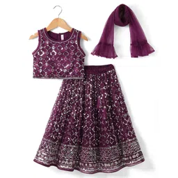 Babyhug Woven Sleeveless Lehenga Choli and Dupatta Set with Sequin Embroidery - Wine-image-10