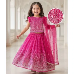 Babyhug Woven Sleeveless Lehenga Choli Set And Dupatta With Sequinned Embroidery & Lace Detailing - Dark Pink-image-13