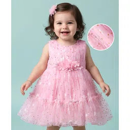 Babyhug Woven Sleeveless Mesh Dress with Foil Print & Floral Applique - Light Pink-picture-11