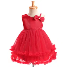 Babyhug Woven Sleeveless Mesh Party Dress with Bow Applique & Pearl Detailing - Red-picture-28