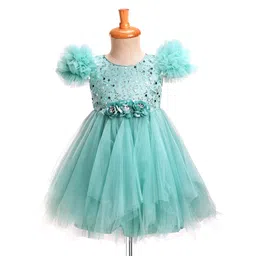 Babyhug Woven Sleeveless Mesh Party Dress With Sequinned Yoke & Ruffles on Sleeves - Sea Green-picture-12