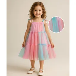 Babyhug Woven Sleeveless Mesh Tiered Party Dress - Multicolor-picture-26