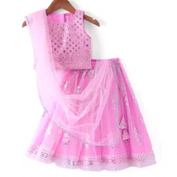 Babyhug Woven Sleeveless Net Embroidered Choli With Embroidered Printed Lehenga & Dupatta - Pink-image-23