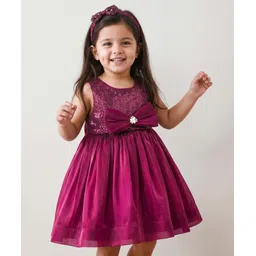 Babyhug Woven Sleeveless Party Dress with Headband Sequin Detailing & Bow Applique - Wine-picture-23