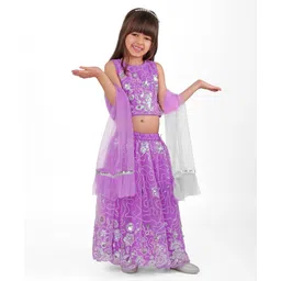 Babyhug Woven Sleeveless Sequenced Embroidered Side Wrap Choli   Lehenga with Frill Net Dupatta Set - Purple-image-39