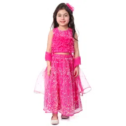 Babyhug Woven Sleeveless Sequin Embroidered Choli Lehenga Set with Dupatta & Frill Detailing - Fuschia-image-30